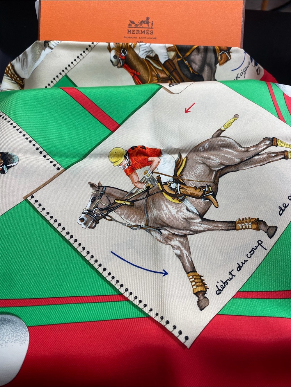 Hermes Green Red Cream Equestrian Silk Scarf